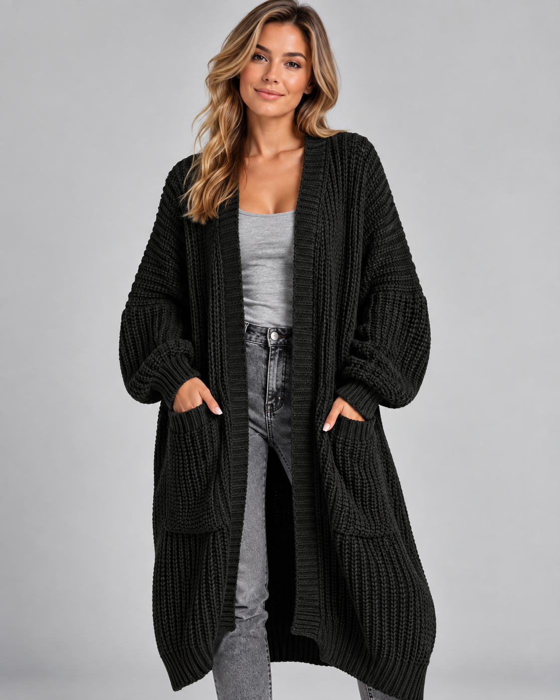 Black chunky knit longline cardigan front