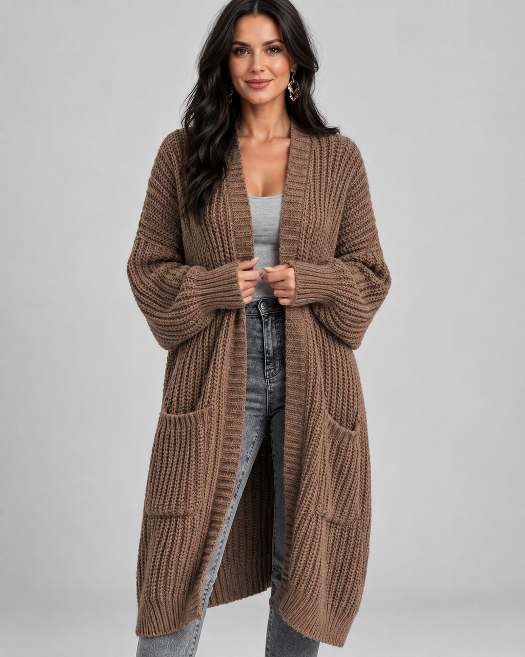 Brown chunky knit longline cardigan front