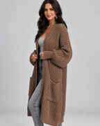 Brown chunky knit longline cardigan pocket detail