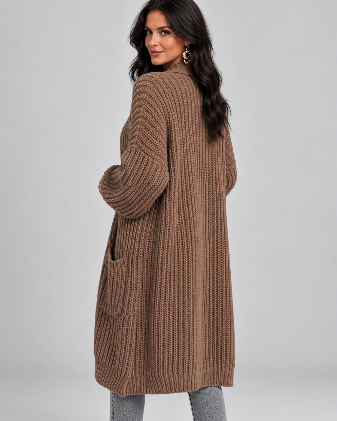 Brown chunky knit longline cardigan side