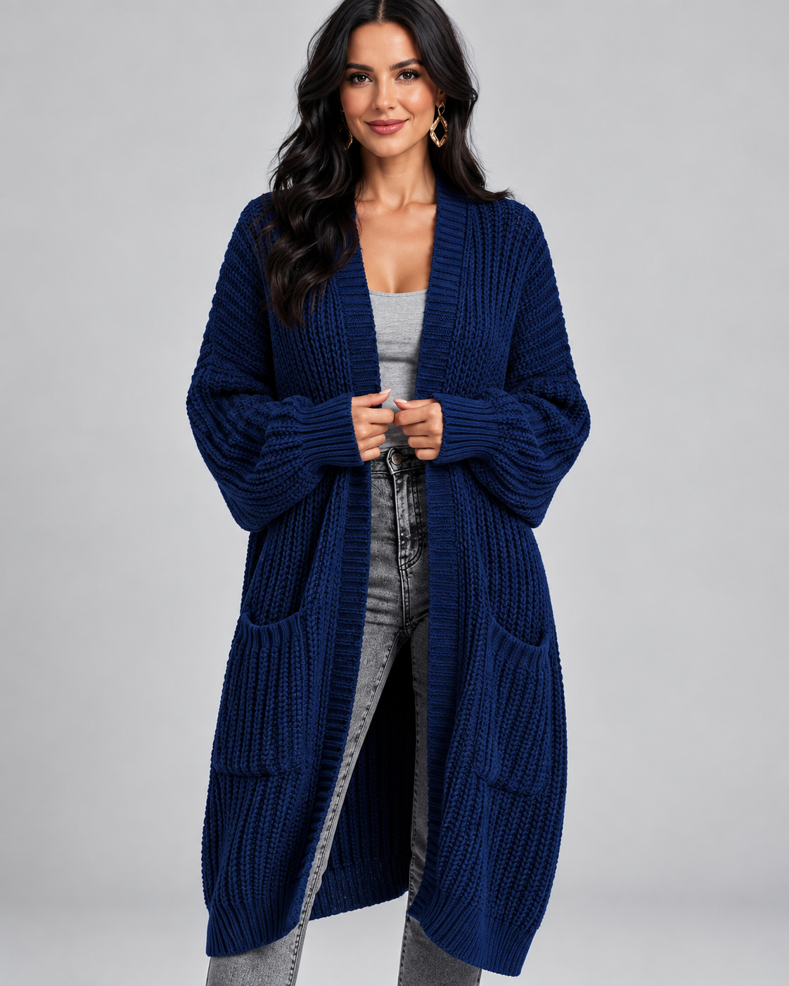Navy chunky knit longline cardigan front