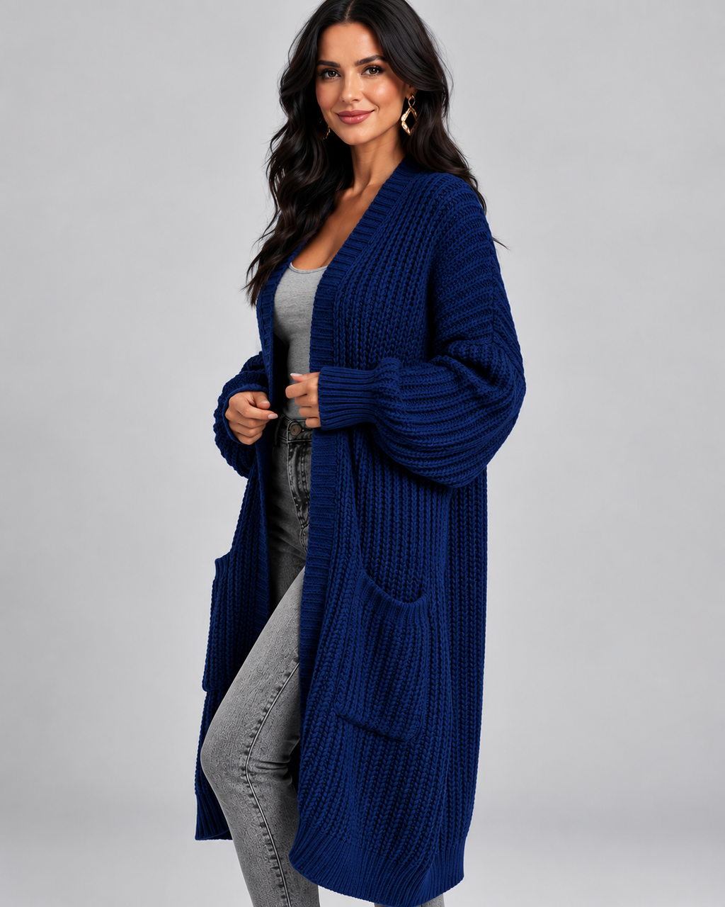 Navy chunky knit longline cardigan side