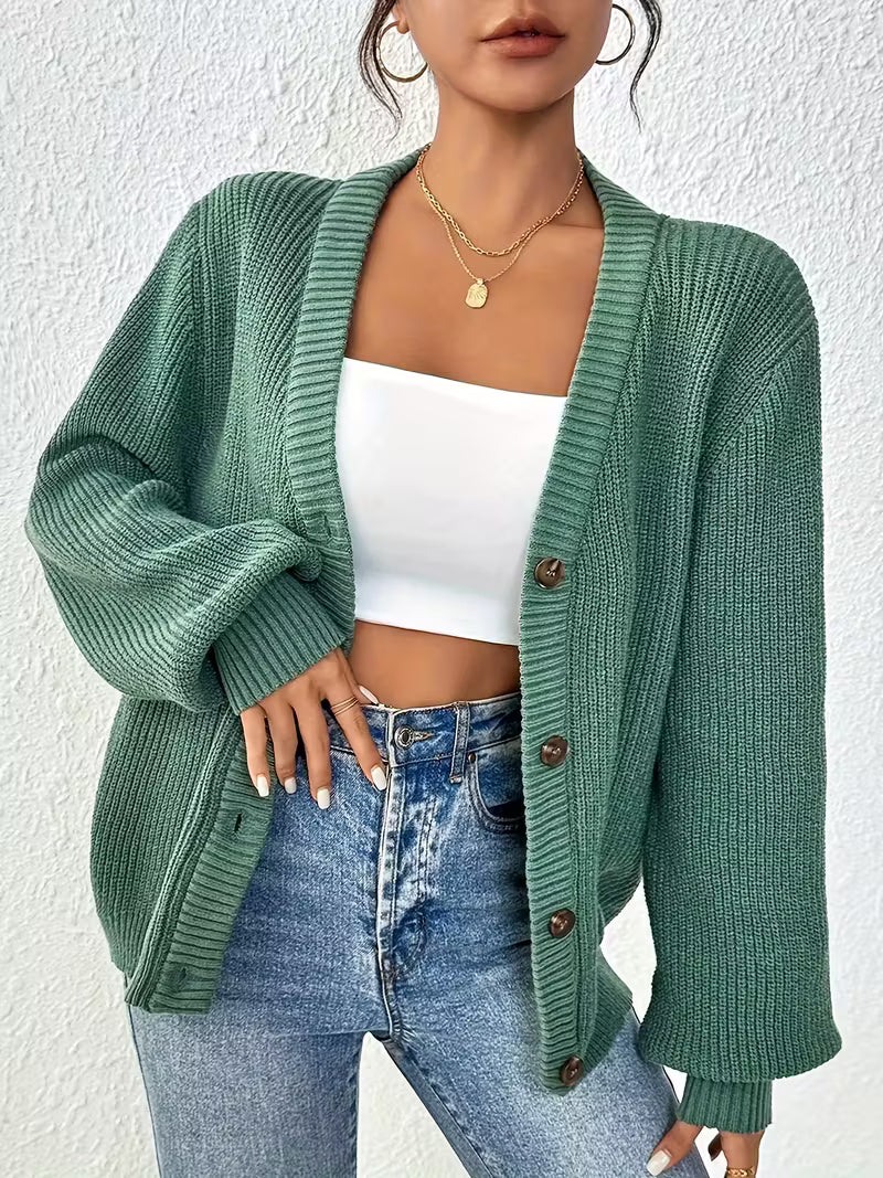 Women's Chunky Ribbed Knit Cardigan with V-Neck and Button Front
