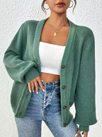 Women's Chunky Ribbed Knit Cardigan with V-Neck and Button Front