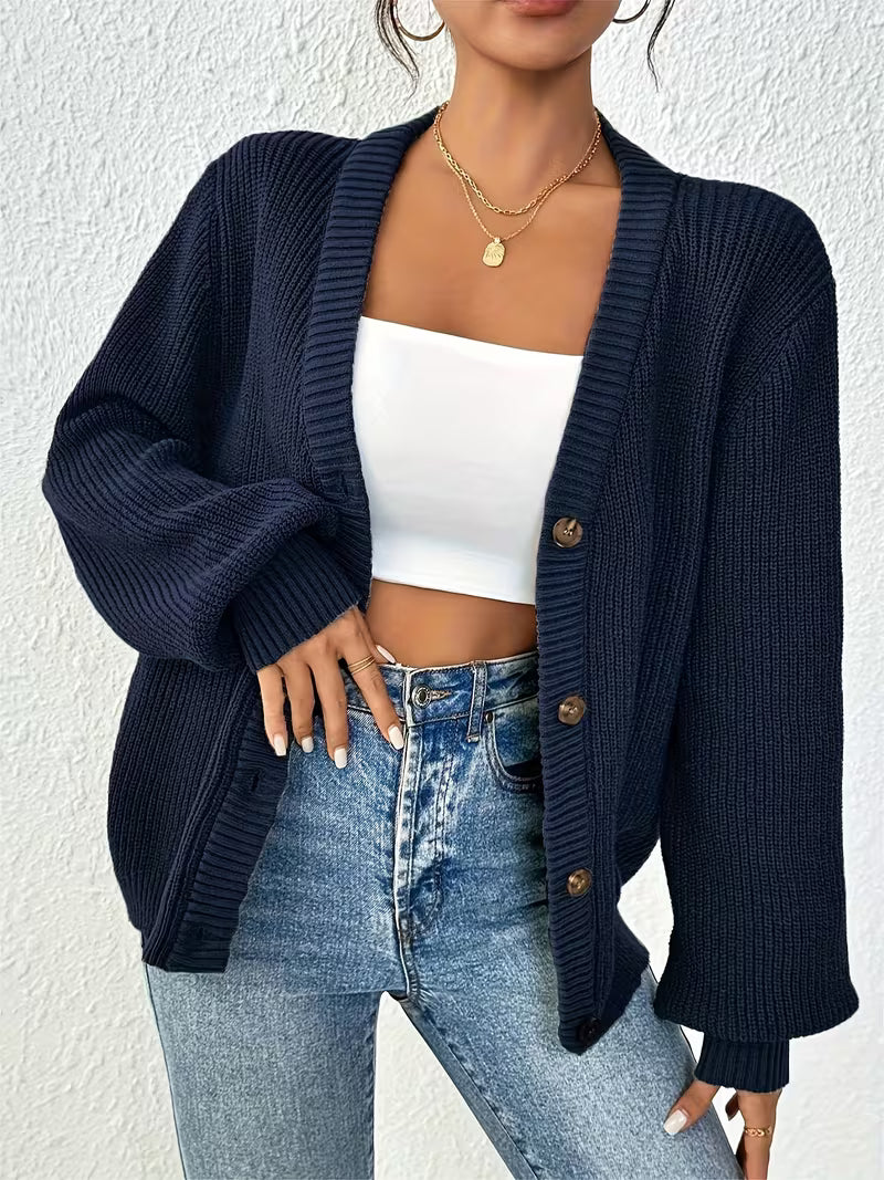 Women's Chunky Ribbed Knit Cardigan with V-Neck and Button Front