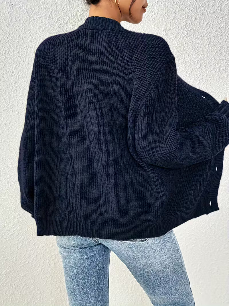 Women's Chunky Ribbed Knit Cardigan with V-Neck and Button Front
