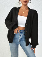 Women's Chunky Ribbed Knit Cardigan with V-Neck and Button Front