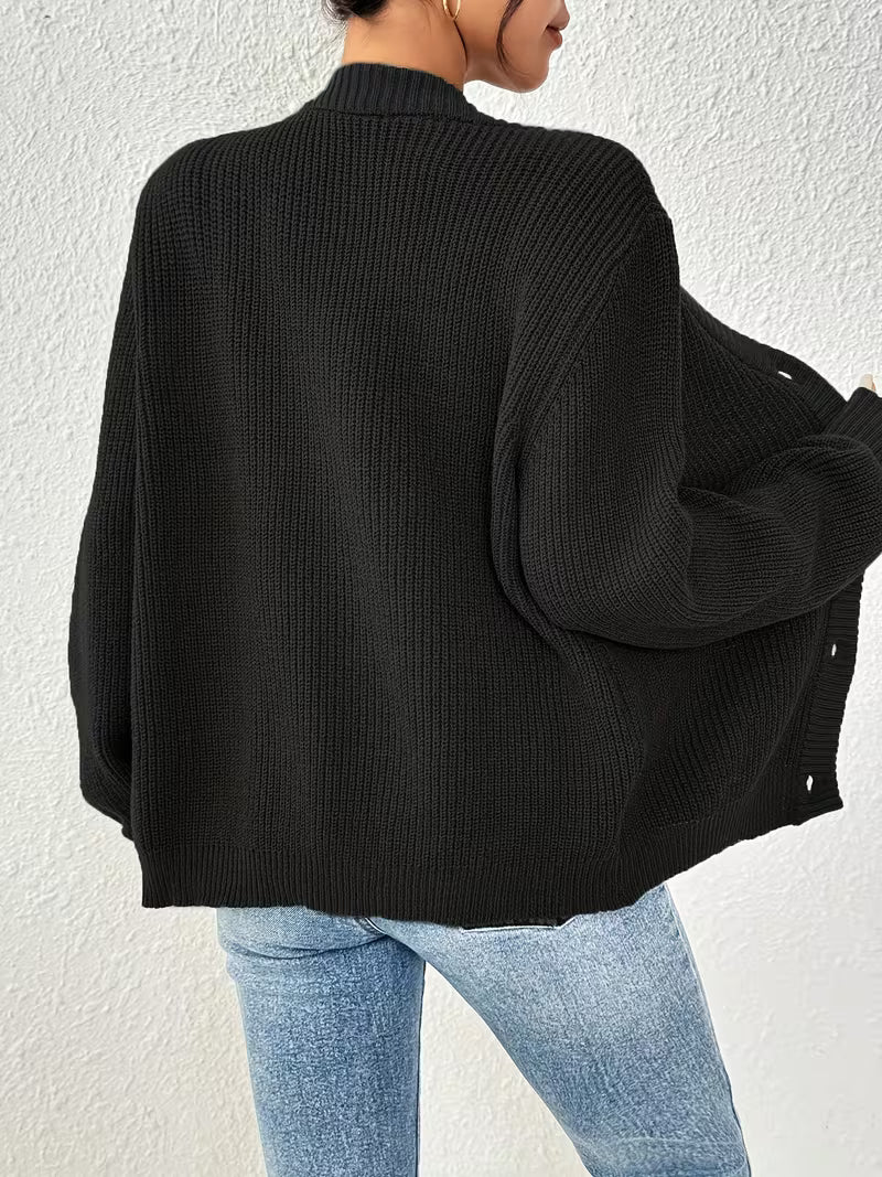 Women's Chunky Ribbed Knit Cardigan with V-Neck and Button Front