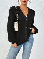 Women's Chunky Ribbed Knit Cardigan with V-Neck and Button Front