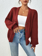 Women's Chunky Ribbed Knit Cardigan with V-Neck and Button Front