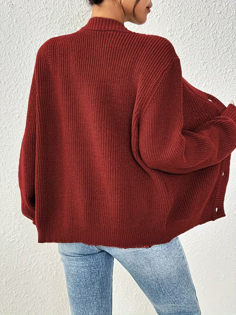 Women's Chunky Ribbed Knit Cardigan with V-Neck and Button Front