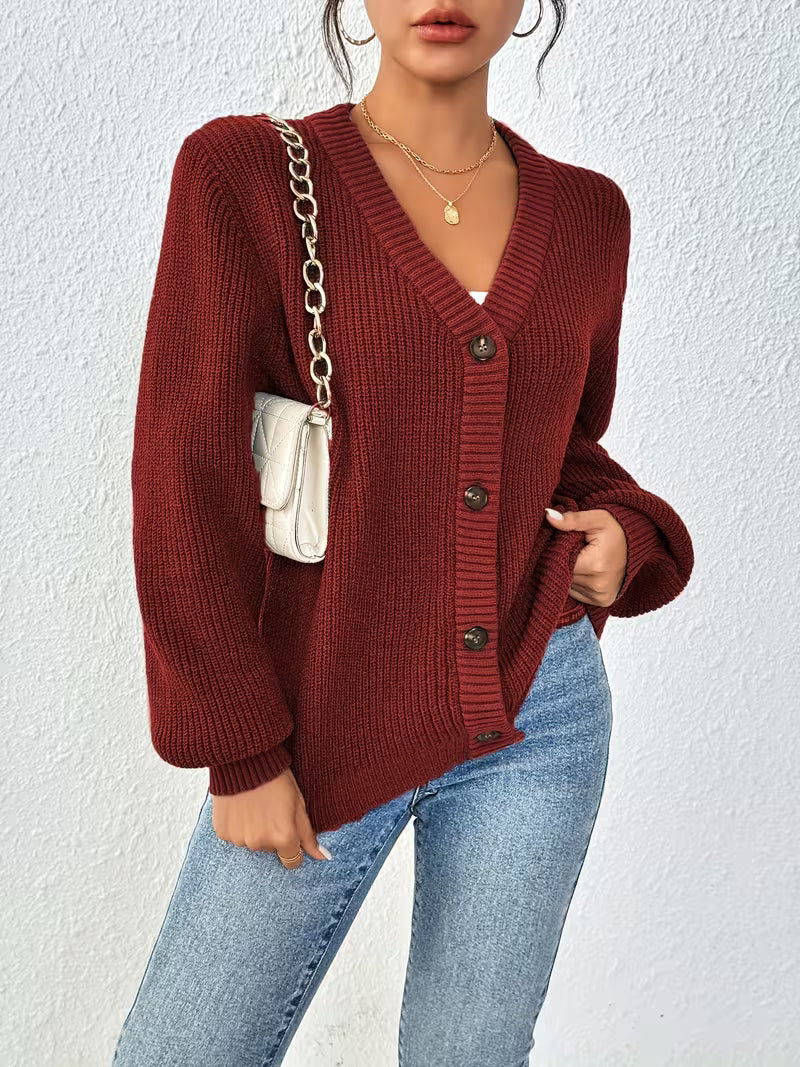 Women's Chunky Ribbed Knit Cardigan with V-Neck and Button Front
