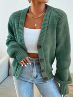 Women's Chunky Ribbed Knit Cardigan with V-Neck and Button Front