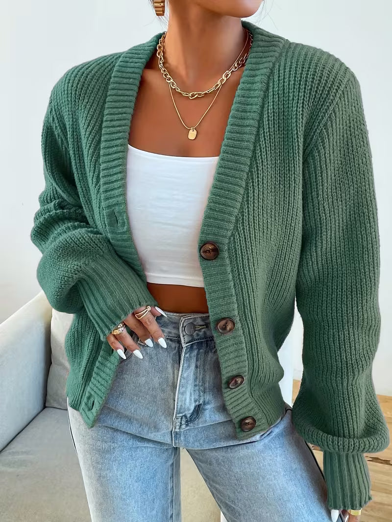Women's Chunky Ribbed Knit Cardigan with V-Neck and Button Front