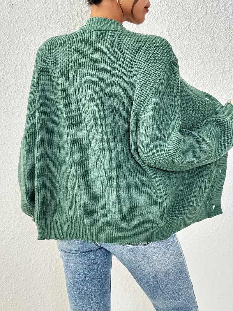 Women's Chunky Ribbed Knit Cardigan with V-Neck and Button Front