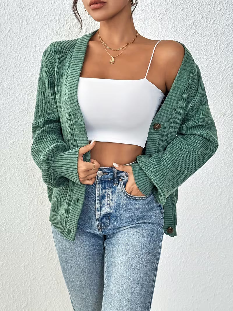 Women's Chunky Ribbed Knit Cardigan with V-Neck and Button Front