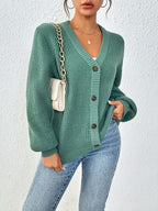 Women's Chunky Ribbed Knit Cardigan with V-Neck and Button Front