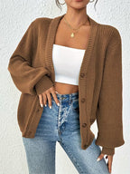 Women's Chunky Ribbed Knit Cardigan with V-Neck and Button Front