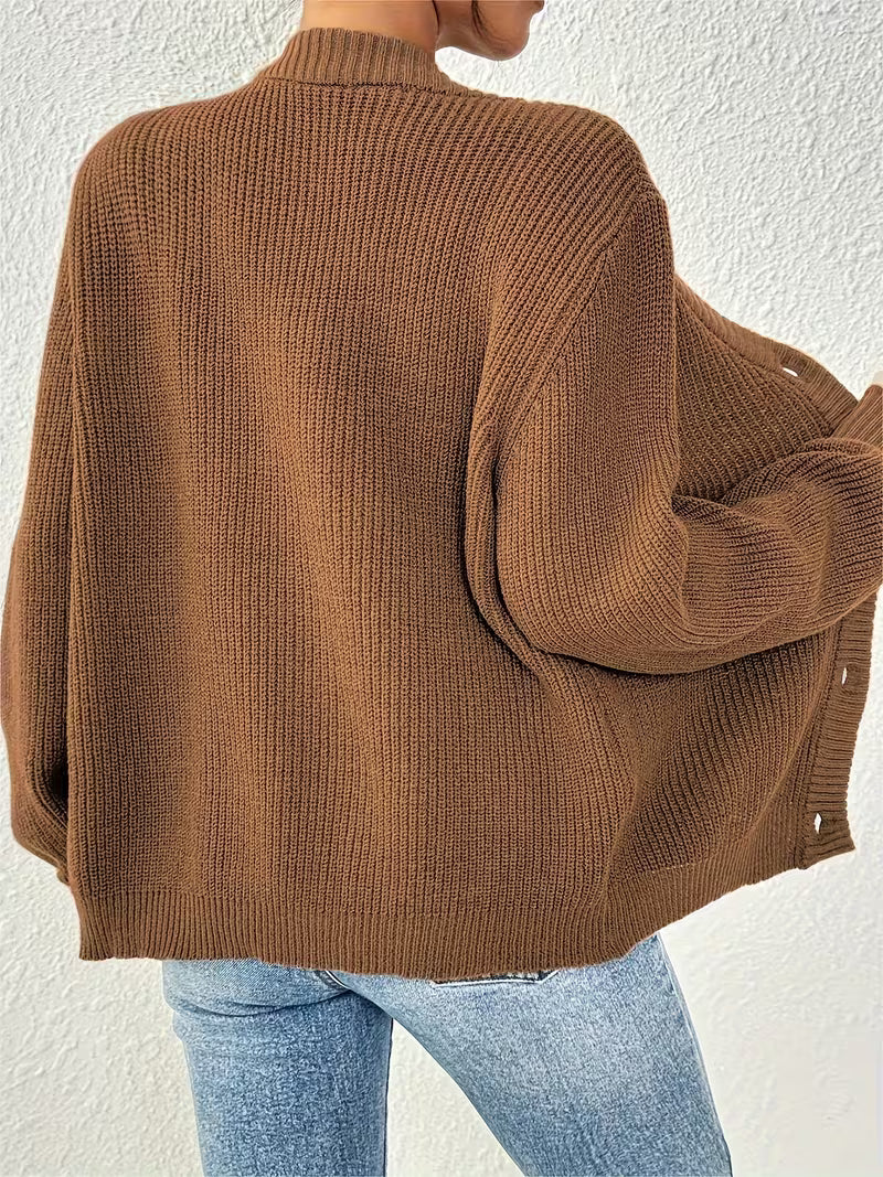Women's Chunky Ribbed Knit Cardigan with V-Neck and Button Front