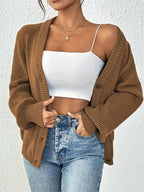 Women's Chunky Ribbed Knit Cardigan with V-Neck and Button Front