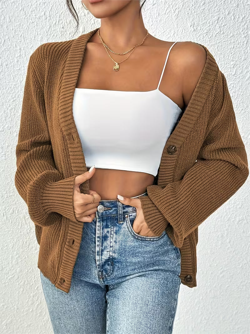 Women's Chunky Ribbed Knit Cardigan with V-Neck and Button Front