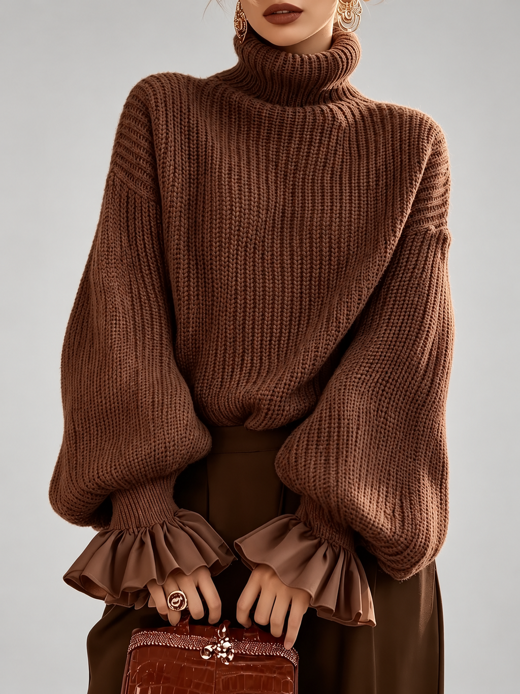 Women's Chunky Ribbed Roll Neck Jumper with Balloon Sleeves and Frill Cuffs in Coffee – photo 1