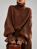Women's Chunky Ribbed Roll Neck Jumper with Balloon Sleeves and Frill Cuffs in Coffee – photo 1