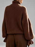 Women's Chunky Ribbed Roll Neck Jumper with Balloon Sleeves and Frill Cuffs in Coffee – photo 2