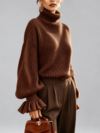 Women's Chunky Ribbed Roll Neck Jumper with Balloon Sleeves and Frill Cuffs in Coffee – photo 4