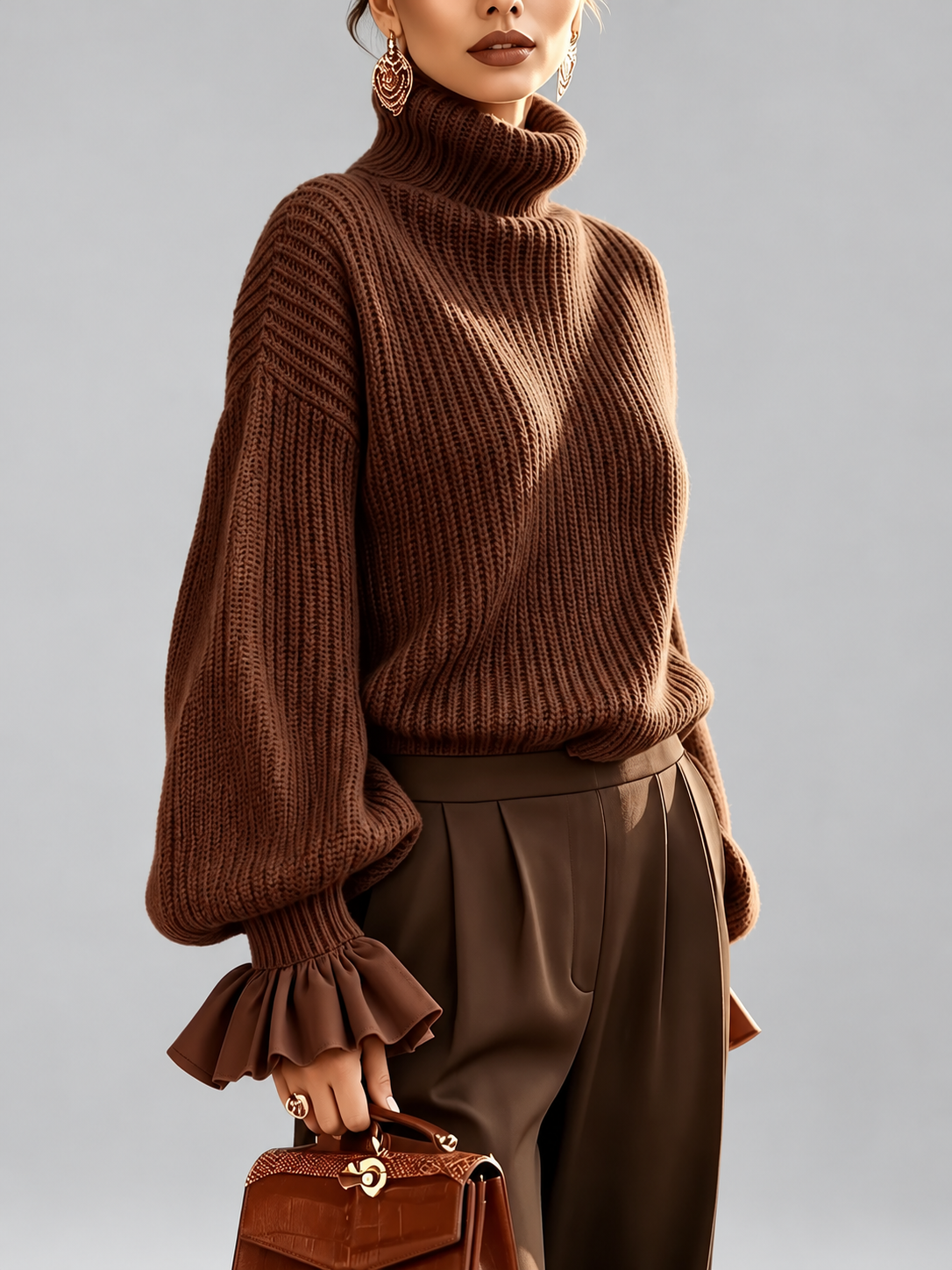 Women's Chunky Ribbed Roll Neck Jumper with Balloon Sleeves and Frill Cuffs in Coffee – photo 4