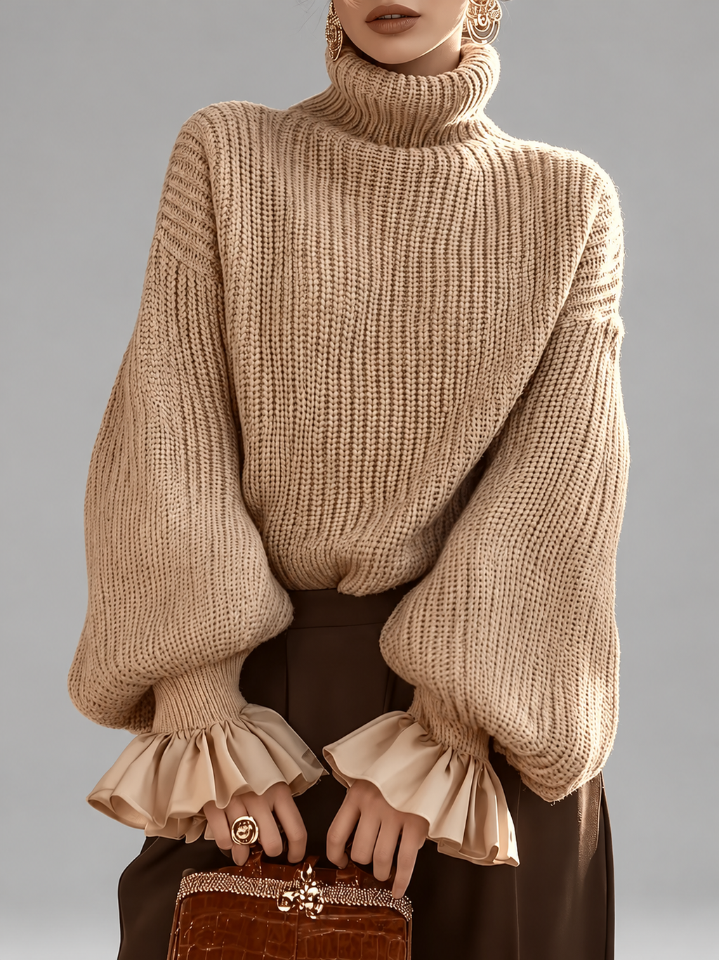 Women's Chunky Ribbed Roll Neck Jumper with Balloon Sleeves and Frill Cuffs in Khaki – photo 1