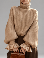 Women's Chunky Ribbed Roll Neck Jumper with Balloon Sleeves and Frill Cuffs in Khaki – photo 1