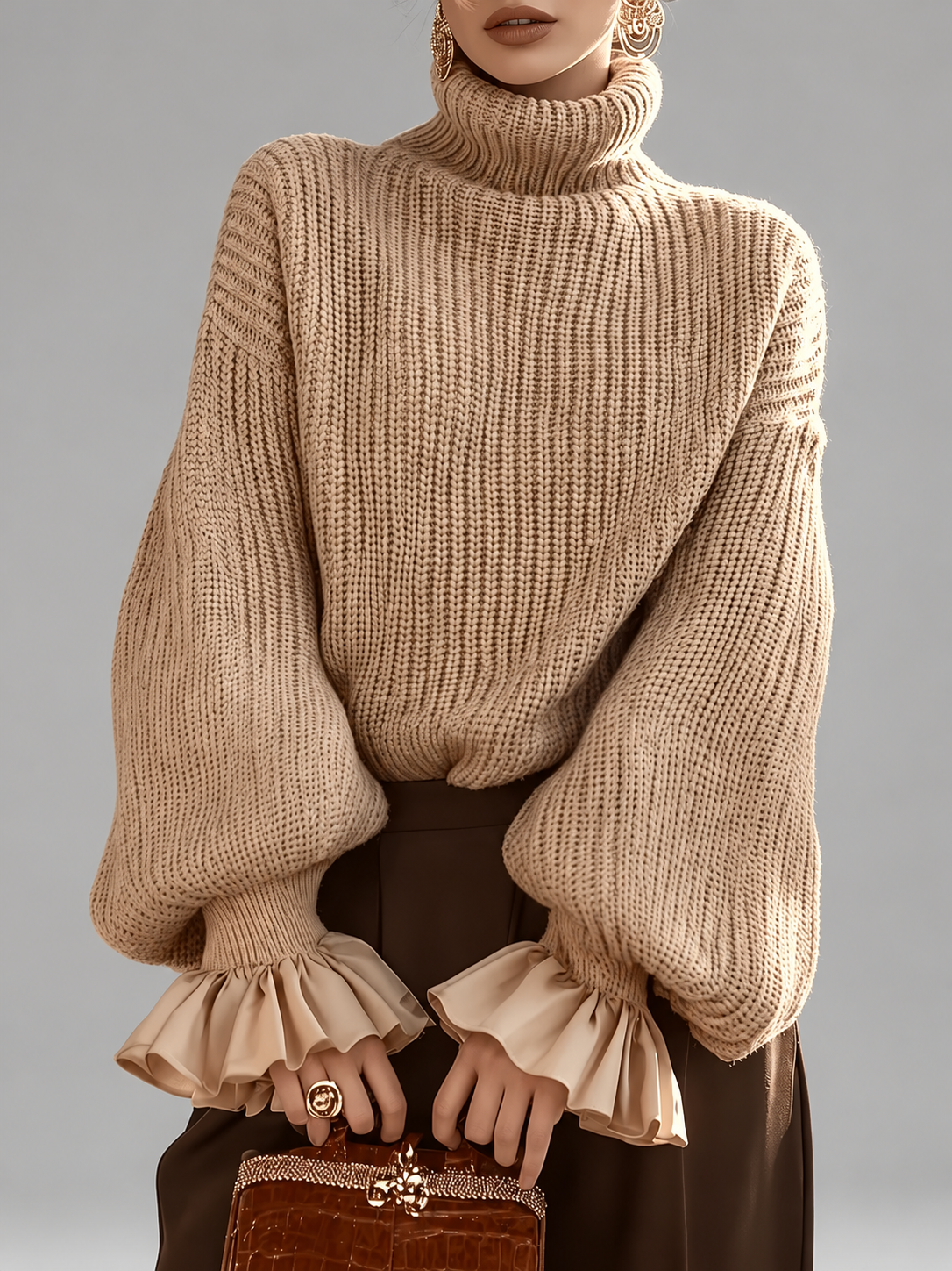 Women's Chunky Ribbed Roll Neck Jumper with Balloon Sleeves and Frill Cuffs in Khaki – photo 1