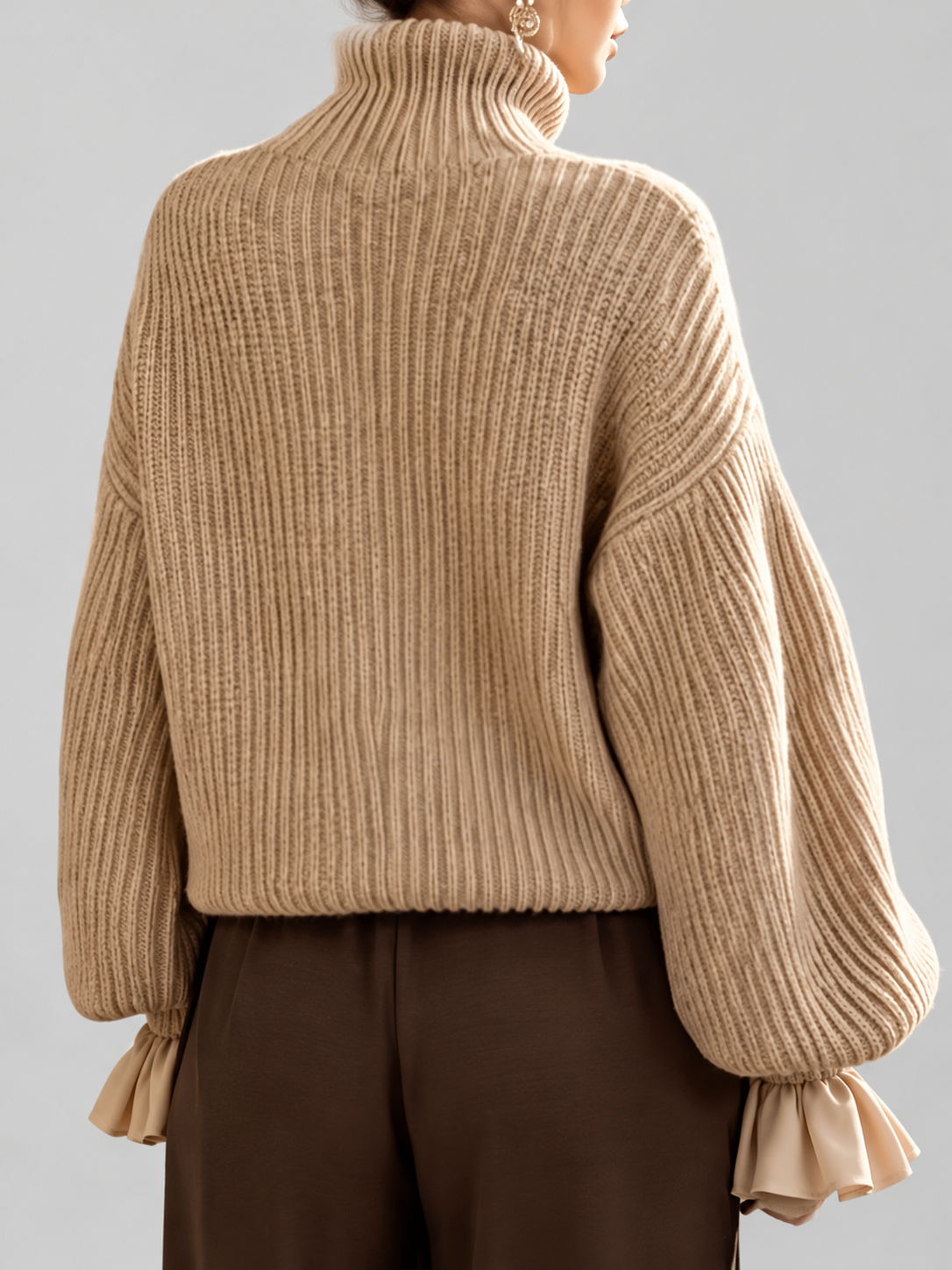 Women's Chunky Ribbed Roll Neck Jumper with Balloon Sleeves and Frill Cuffs in Khaki – photo 2