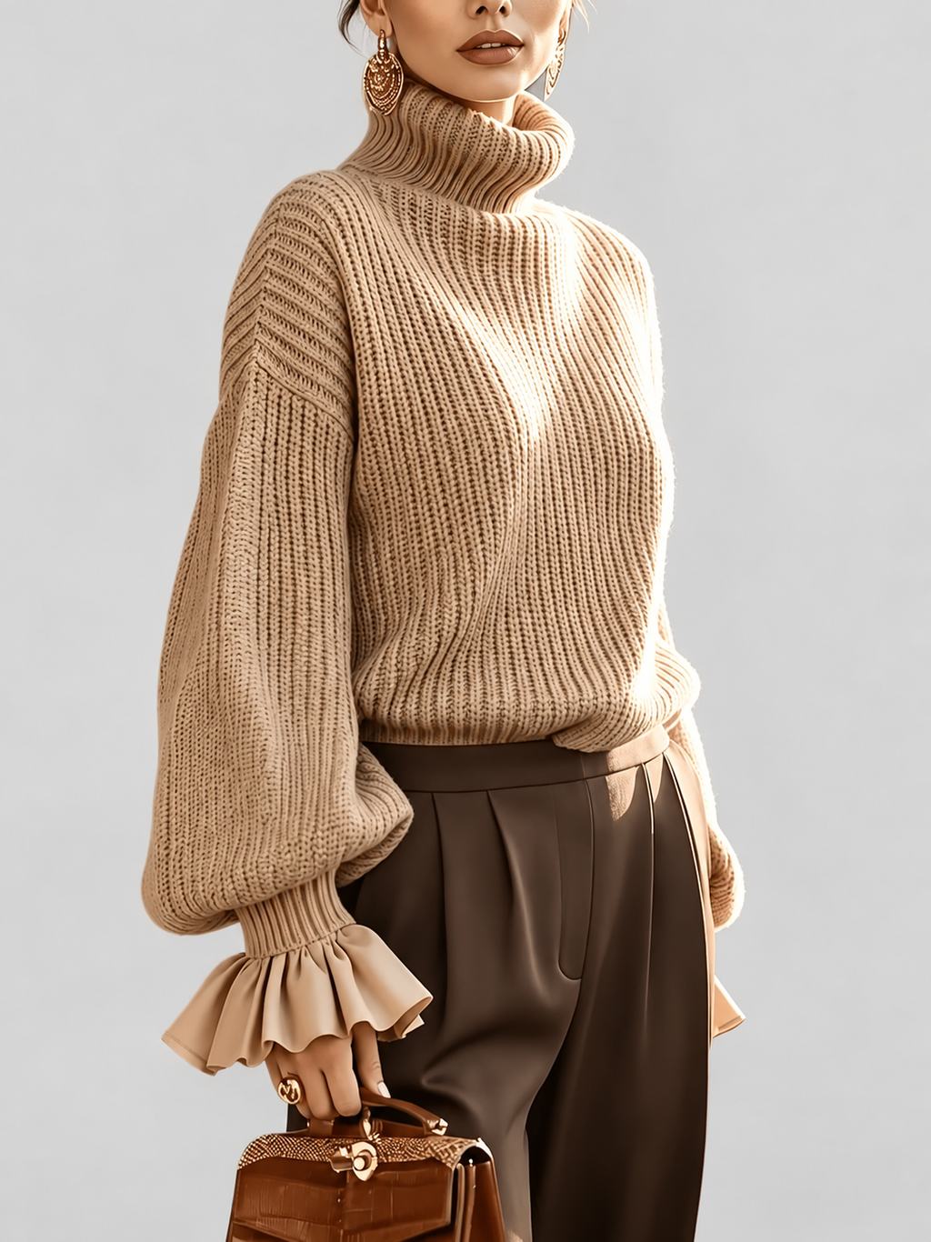 Women's Chunky Ribbed Roll Neck Jumper with Balloon Sleeves and Frill Cuffs in Khaki – photo 4