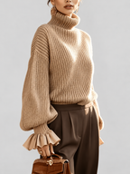 Women's Chunky Ribbed Roll Neck Jumper with Balloon Sleeves and Frill Cuffs in Khaki – photo 4