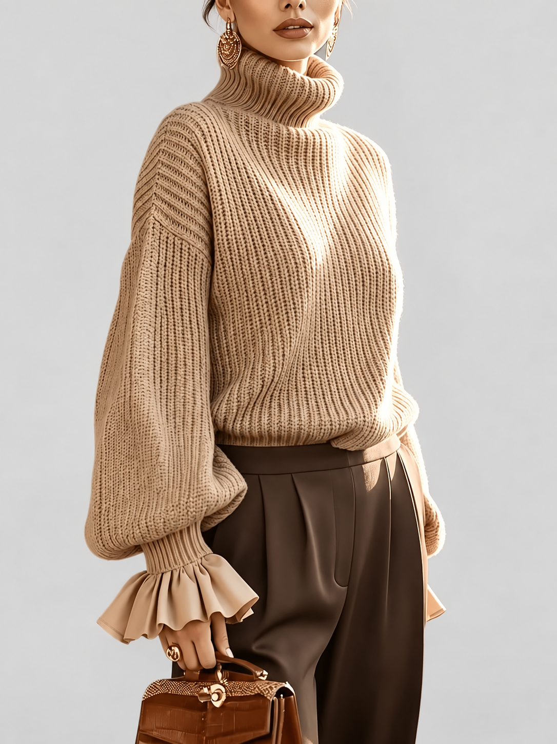 Women's Chunky Ribbed Roll Neck Jumper with Balloon Sleeves and Frill Cuffs in Khaki – photo 4