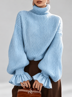 Women's Chunky Ribbed Roll Neck Jumper with Balloon Sleeves and Frill Cuffs in Light Blue – photo 1