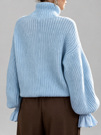 Women's Chunky Ribbed Roll Neck Jumper with Balloon Sleeves and Frill Cuffs in Light Blue – photo 2