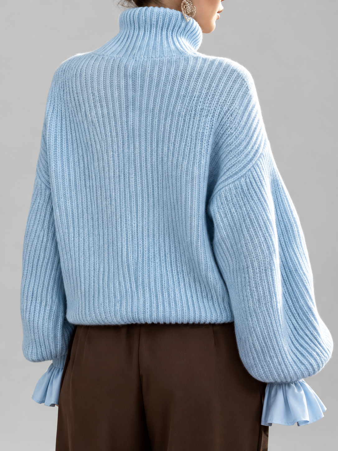 Women's Chunky Ribbed Roll Neck Jumper with Balloon Sleeves and Frill Cuffs in Light Blue – photo 2
