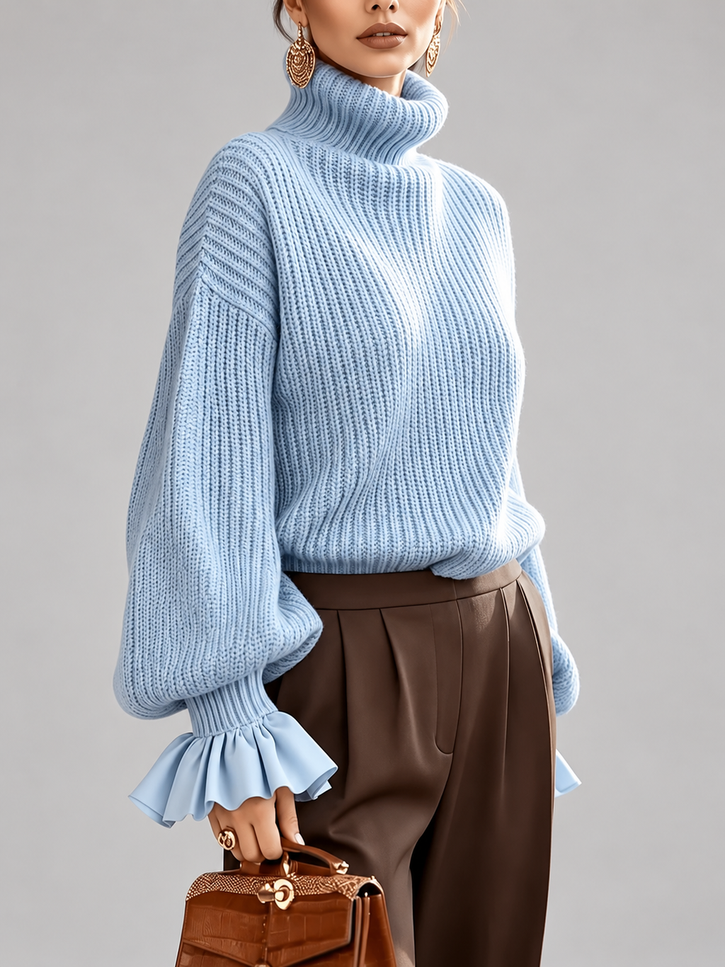 Women's Chunky Ribbed Roll Neck Jumper with Balloon Sleeves and Frill Cuffs in Light Blue – photo 4