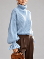 Women's Chunky Ribbed Roll Neck Jumper with Balloon Sleeves and Frill Cuffs in Light Blue – photo 4