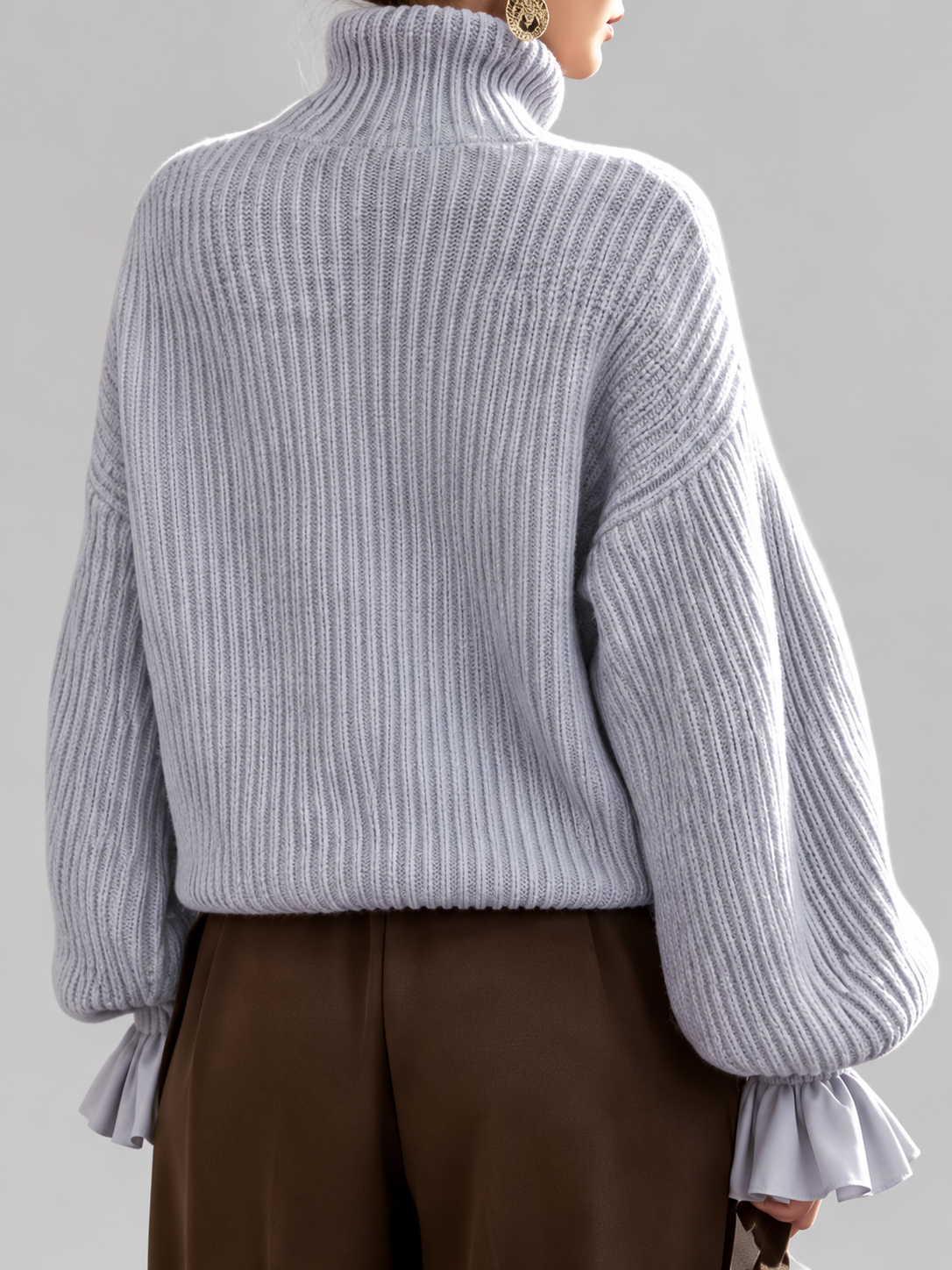 Women's Chunky Ribbed Roll Neck Jumper with Balloon Sleeves and Frill Cuffs in Light Grey – photo 2