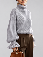 Women's Chunky Ribbed Roll Neck Jumper with Balloon Sleeves and Frill Cuffs in Light Grey – photo 4