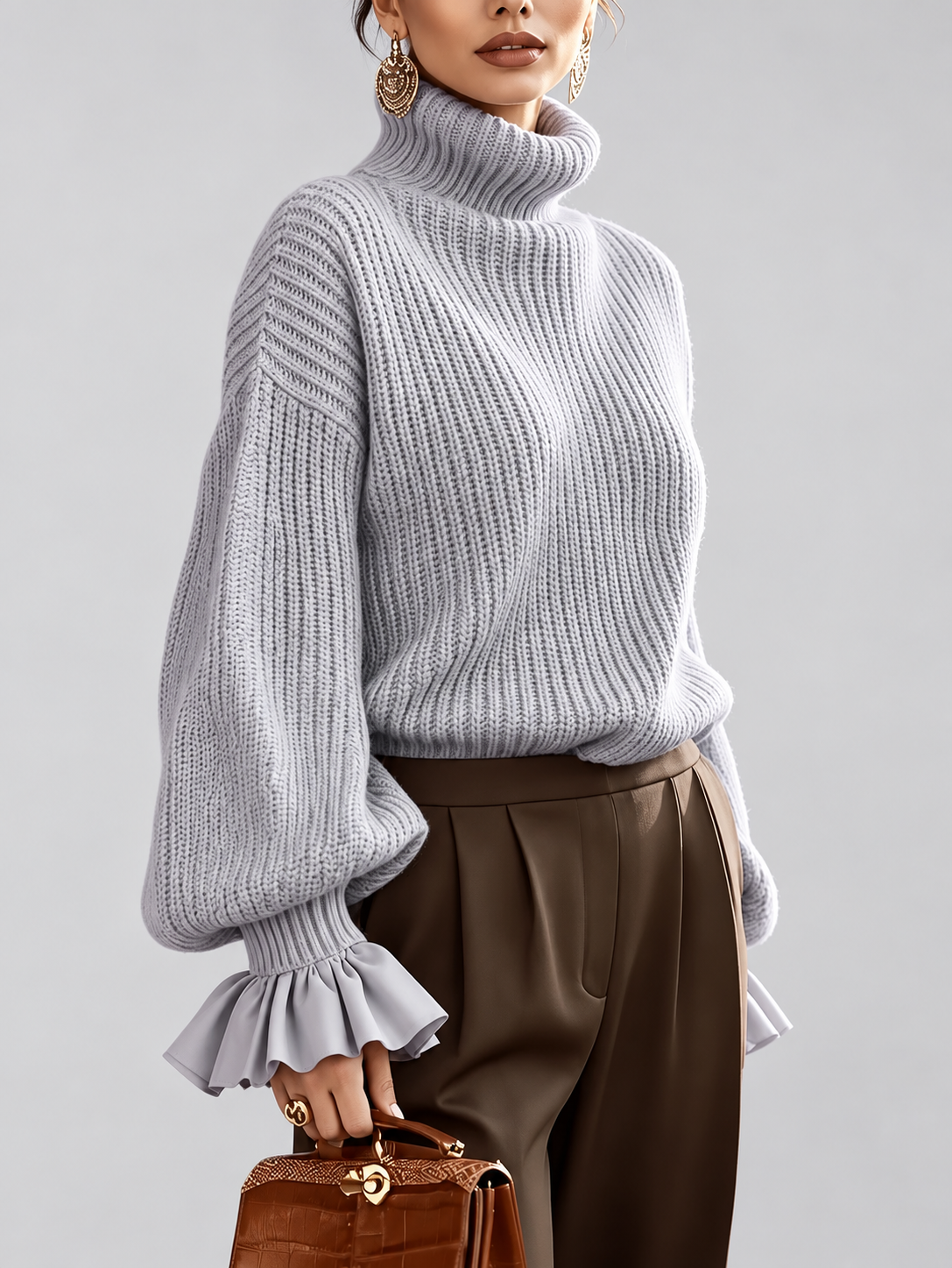 Women's Chunky Ribbed Roll Neck Jumper with Balloon Sleeves and Frill Cuffs in Light Grey – photo 4
