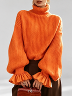 Women's Chunky Ribbed Roll Neck Jumper with Balloon Sleeves and Frill Cuffs in Orange – photo 1