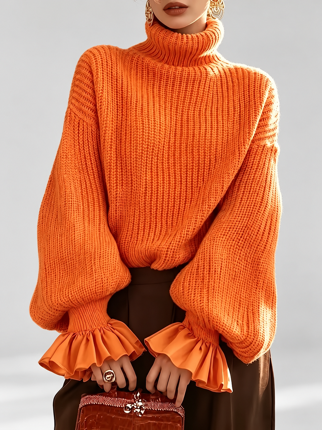 Women's Chunky Ribbed Roll Neck Jumper with Balloon Sleeves and Frill Cuffs in Orange – photo 1