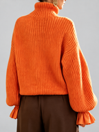 Women's Chunky Ribbed Roll Neck Jumper with Balloon Sleeves and Frill Cuffs in Orange – photo 3