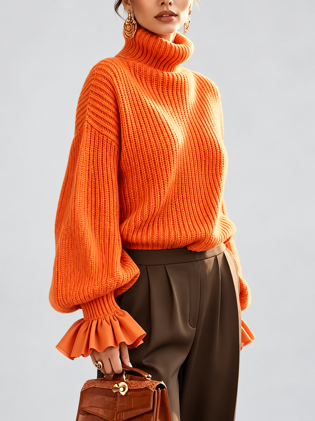 Women's Chunky Ribbed Roll Neck Jumper with Balloon Sleeves and Frill Cuffs in Orange – photo 4
