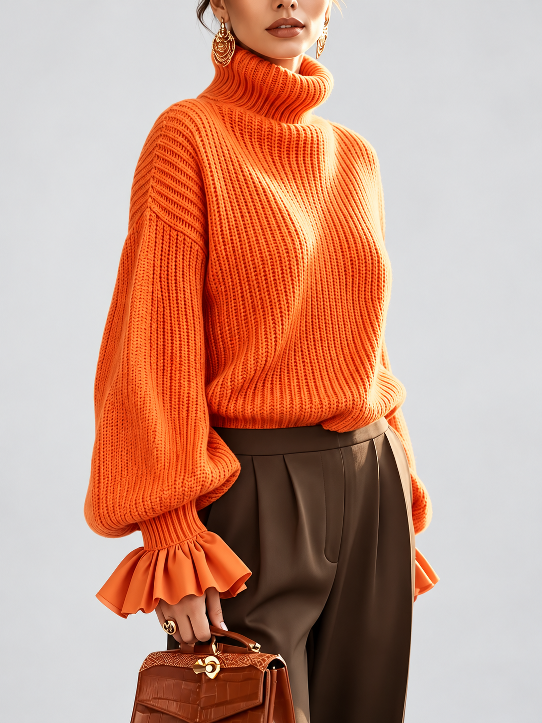 Women's Chunky Ribbed Roll Neck Jumper with Balloon Sleeves and Frill Cuffs in Orange – photo 4